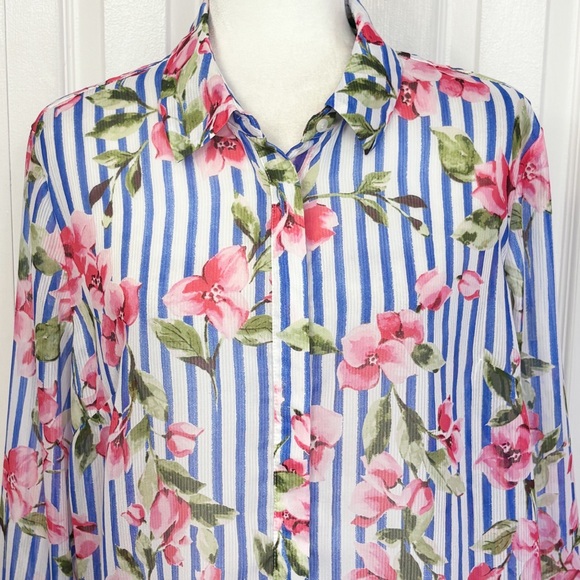 Talbots Sheer Floral Blue Stripe Print Long Sleeve Button Down Shirt XL - Picture 2 of 16